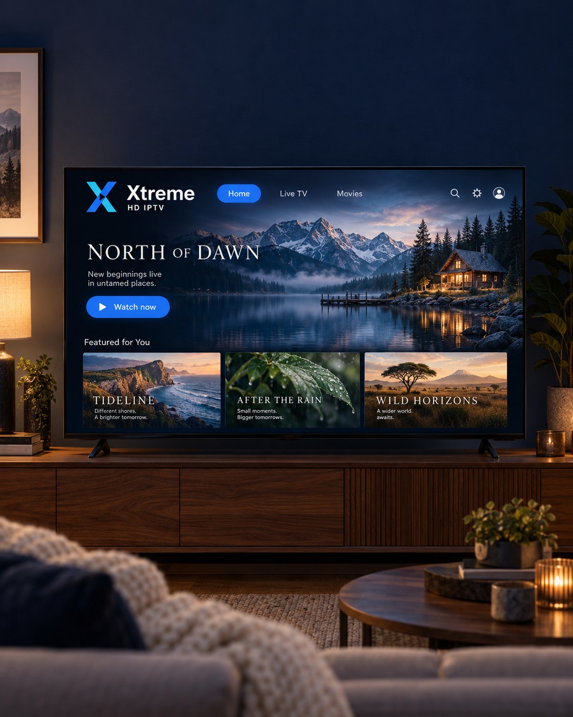 A television on a walnut console displays the Xtreme HD IPTV interface in a cosy living room.