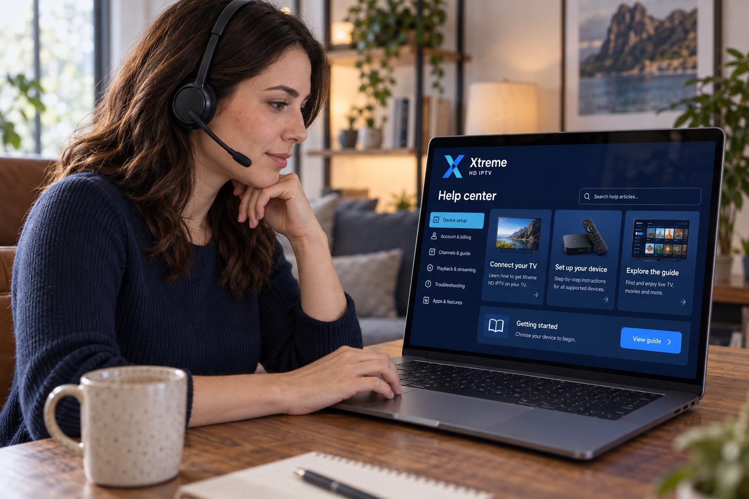 A support specialist with a headset works at a laptop showing the Xtreme HD IPTV help centre.