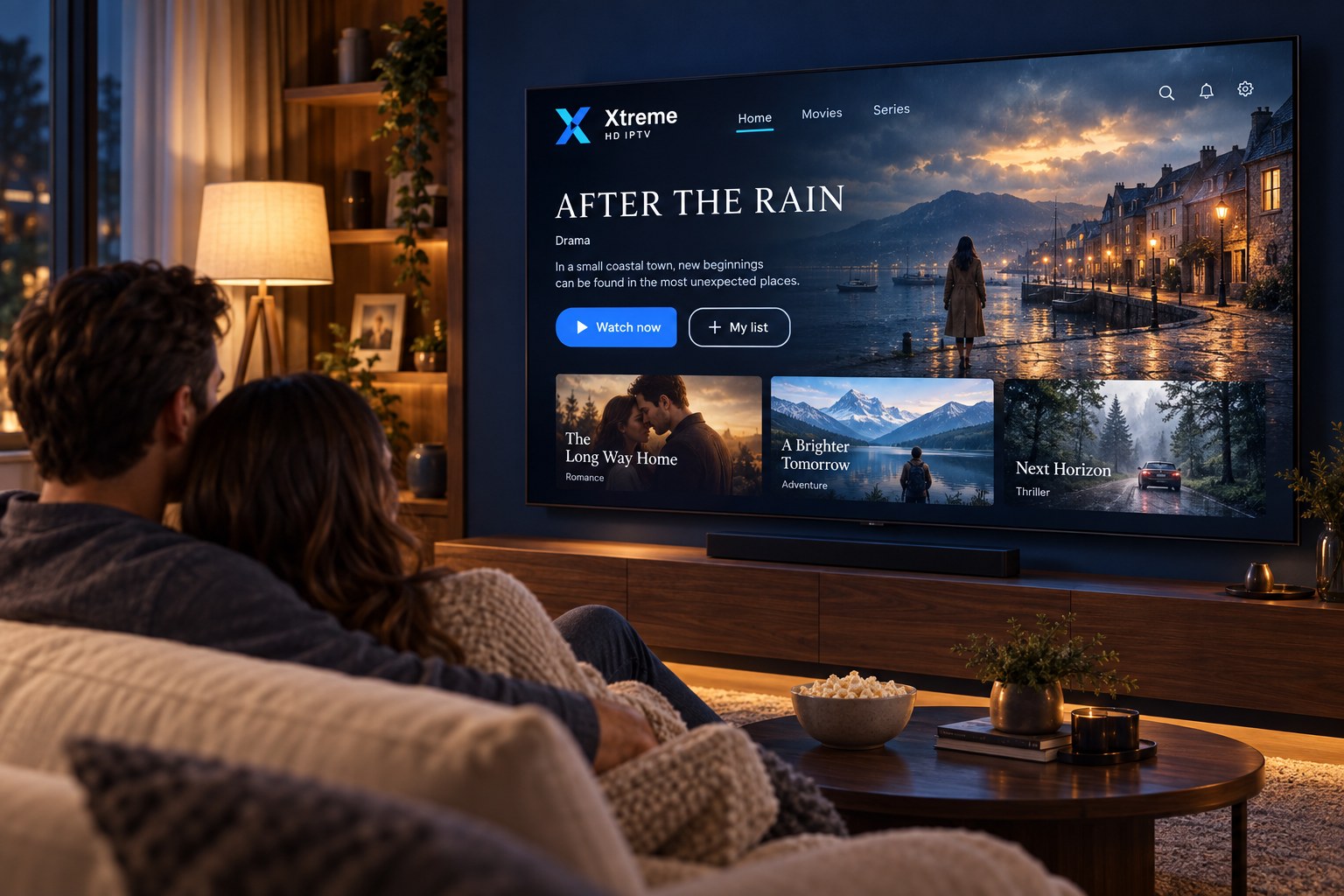 A couple browse a film in the Xtreme HD IPTV interface on a wall-mounted television.