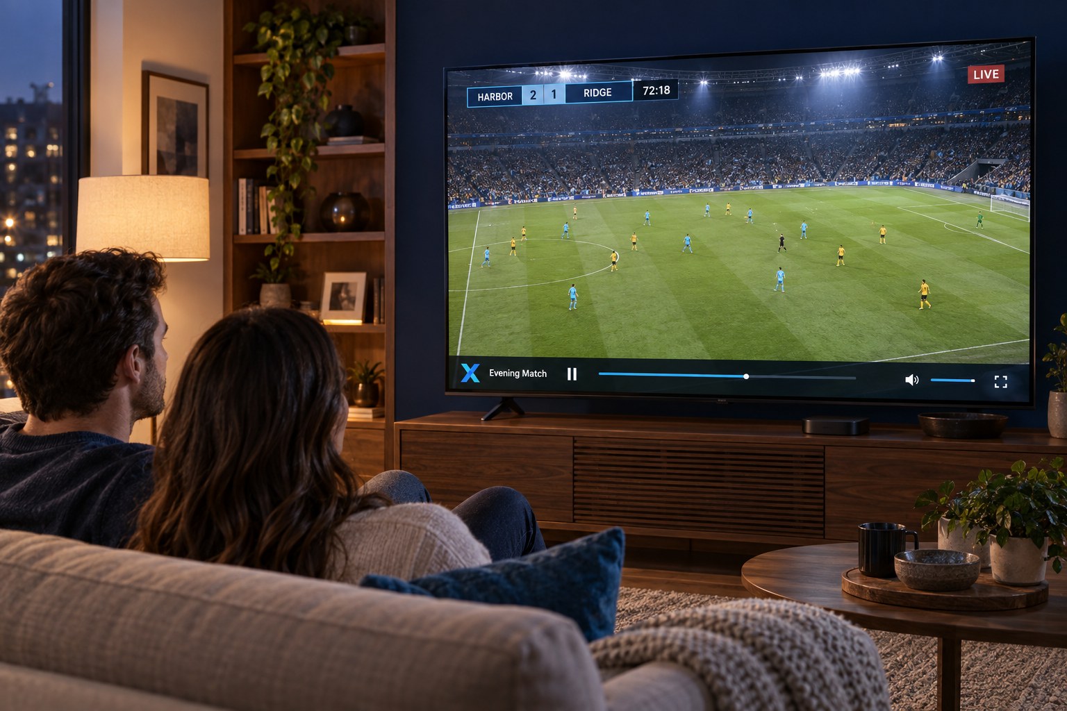 Two people watch a live football match on a large television in their living room.