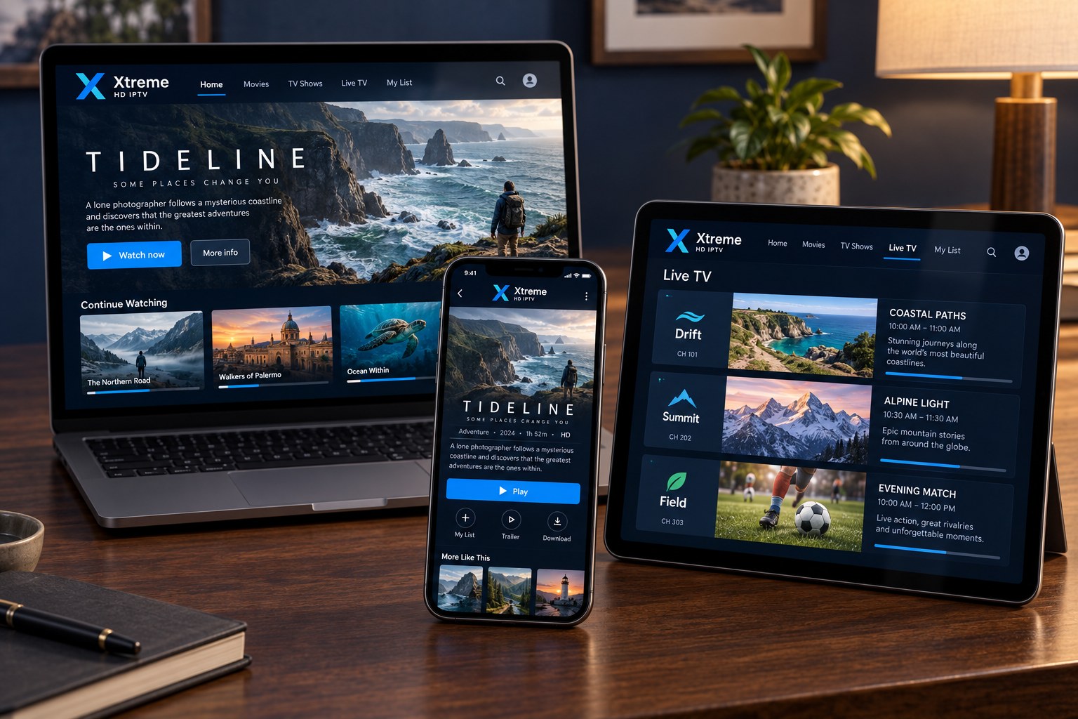 A laptop, tablet and phone on a desk, each showing the Xtreme HD IPTV interface with a live guide and featured programmes.
