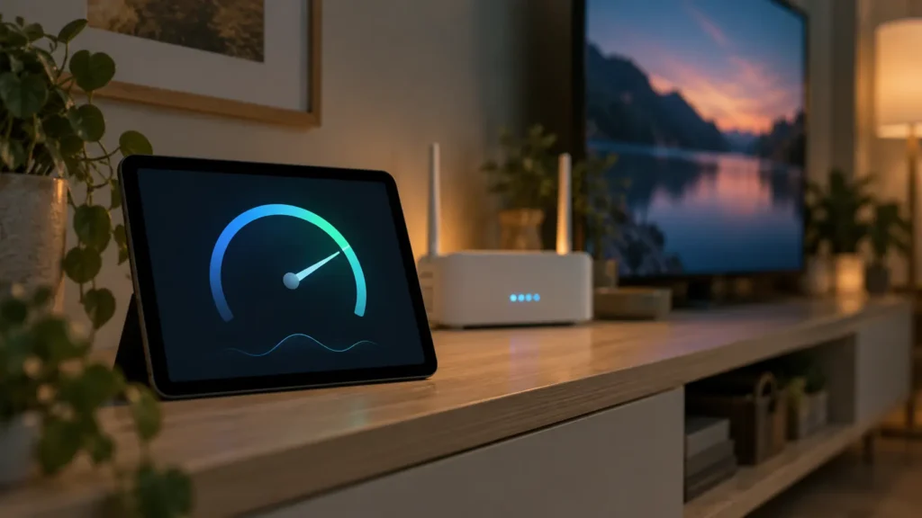 Testing IPTV internet speed on a tablet beside a home router