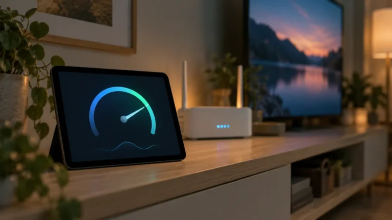 Testing IPTV internet speed on a tablet beside a home router