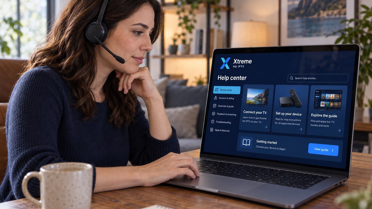 A support specialist with a headset works at a laptop showing the Xtreme HD IPTV help centre.