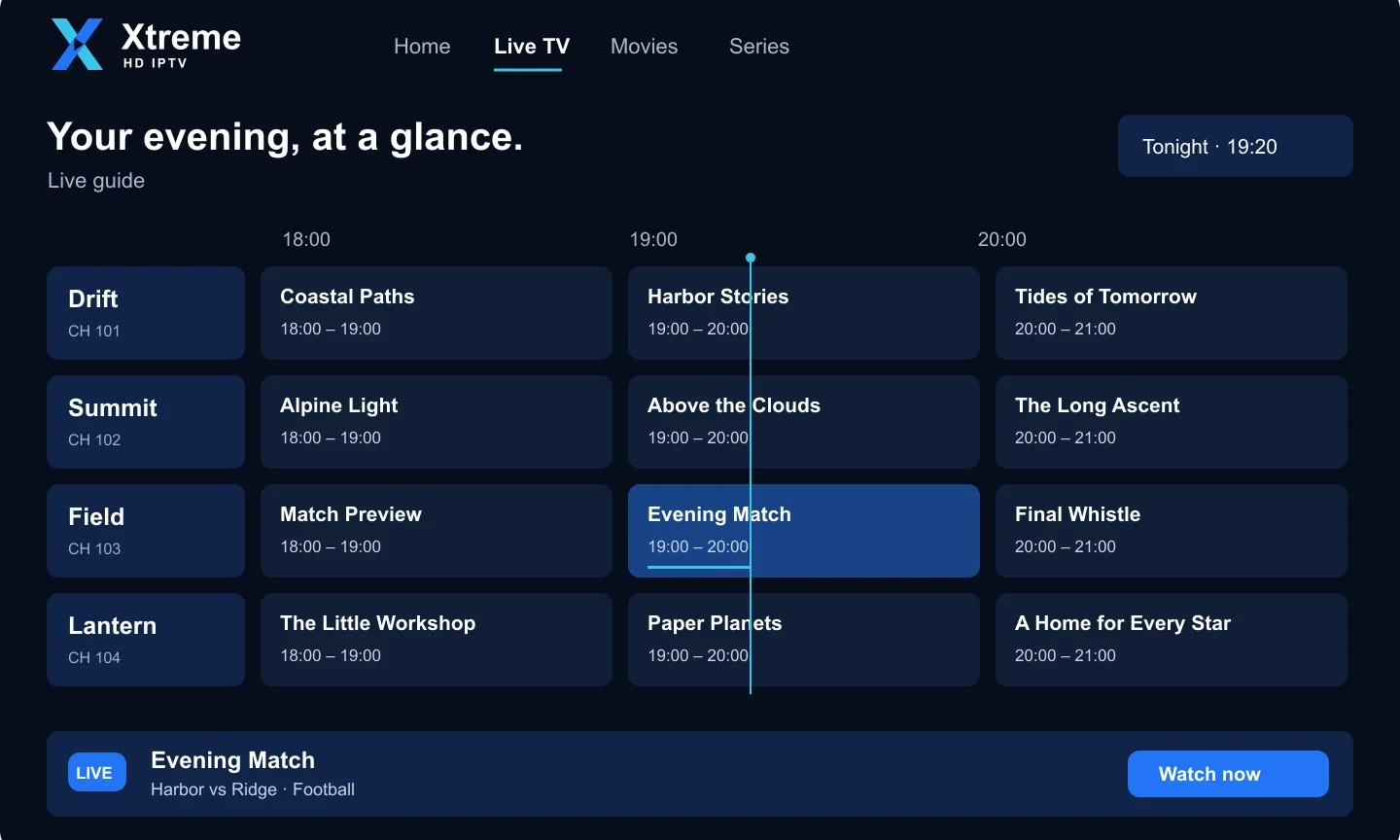 Illustration of the Xtreme HD IPTV live guide showing four example channels and their evening programmes.