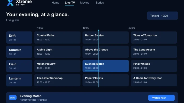 Illustration of the Xtreme HD IPTV live guide showing four example channels and their evening programmes.