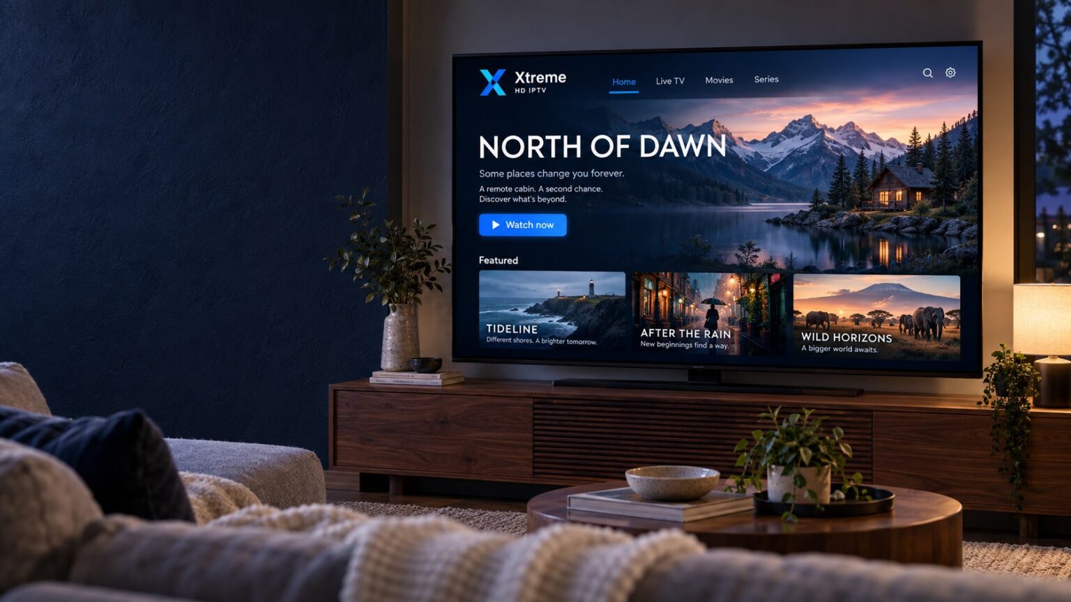 A television in a warm living room displays the Xtreme HD IPTV interface with a featured film and a row of recommendations.