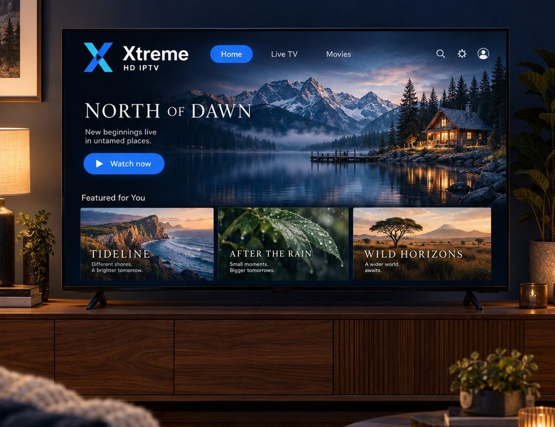 A television on a walnut console displays the Xtreme HD IPTV interface in a cosy living room.