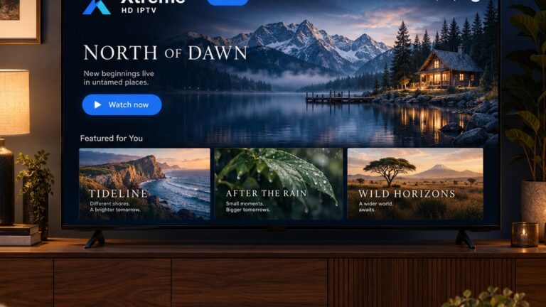 A television on a walnut console displays the Xtreme HD IPTV interface in a cosy living room.