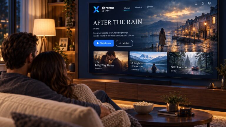 A couple browse a film in the Xtreme HD IPTV interface on a wall-mounted television.