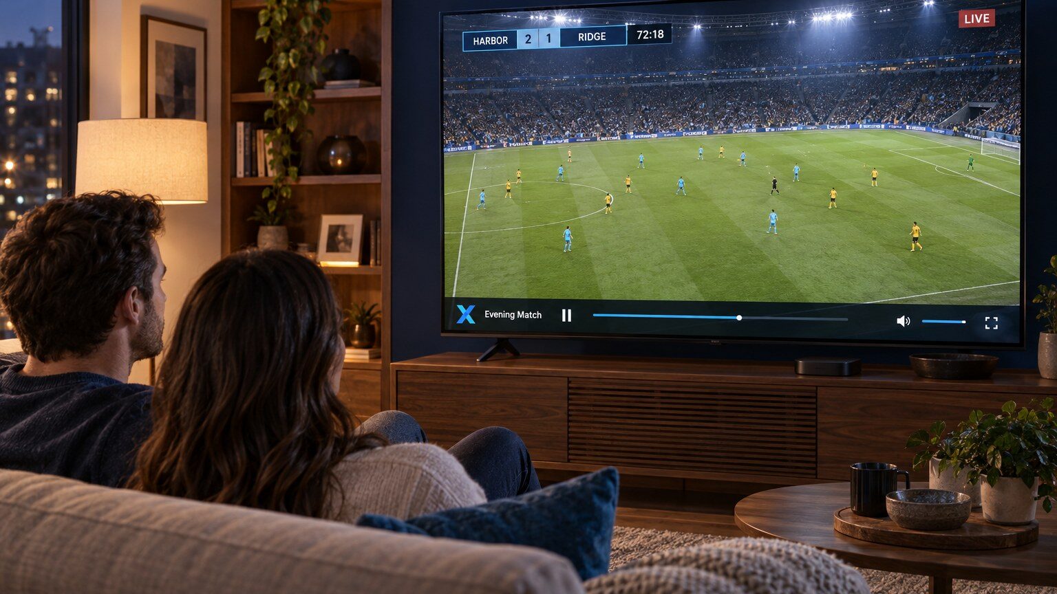 Two people watch a live football match on a large television in their living room.