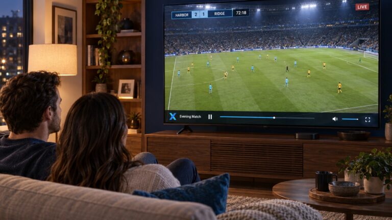 Two people watch a live football match on a large television in their living room.