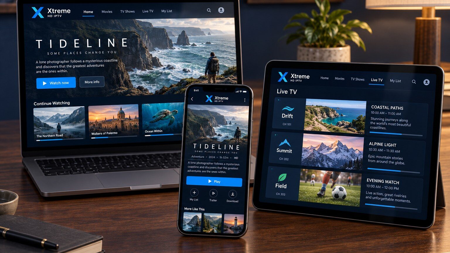 A laptop, tablet and phone on a desk, each showing the Xtreme HD IPTV interface with a live guide and featured programmes.